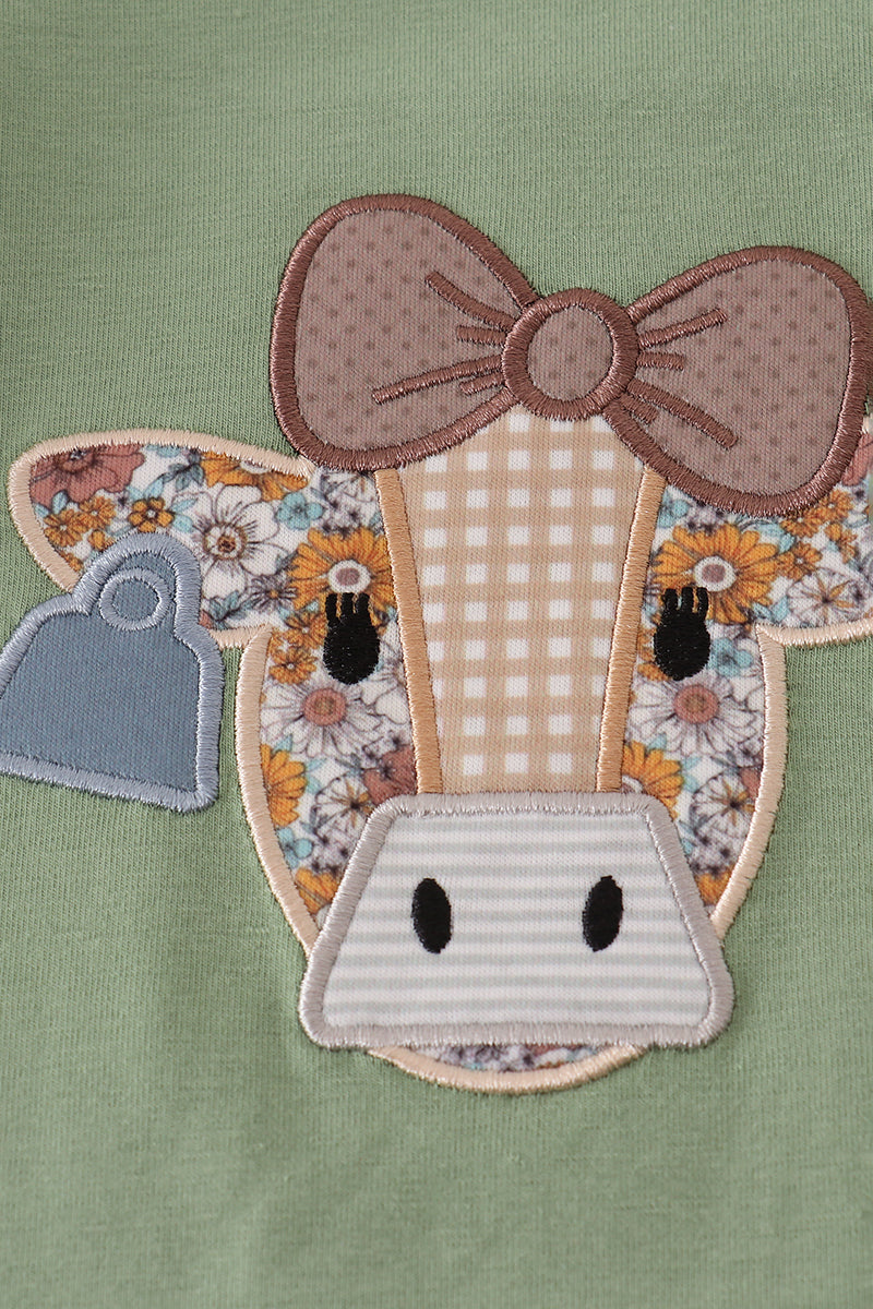 Green cow applique floral print ruffle pants set