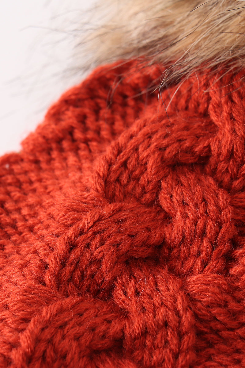 Caramel pompom cable beanie hat