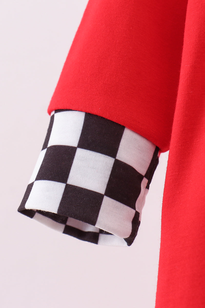 Red character applique checkered romper