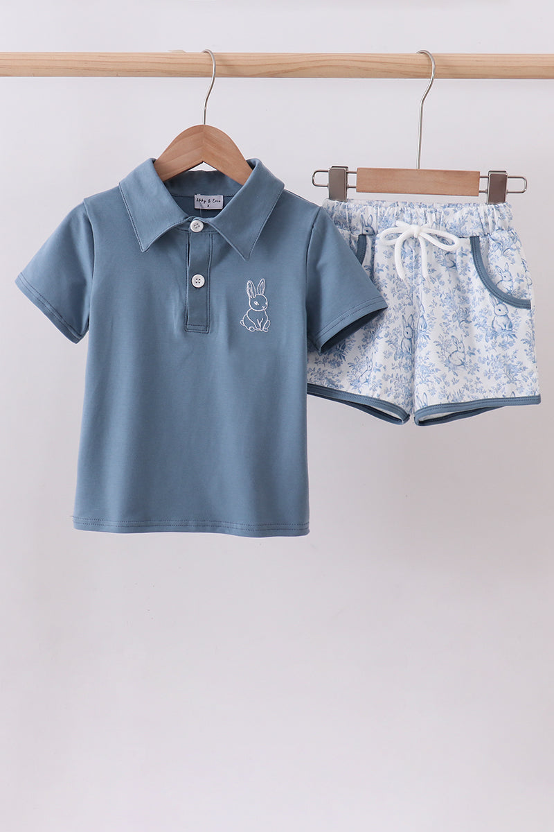Navy bunny embroidery shorts set