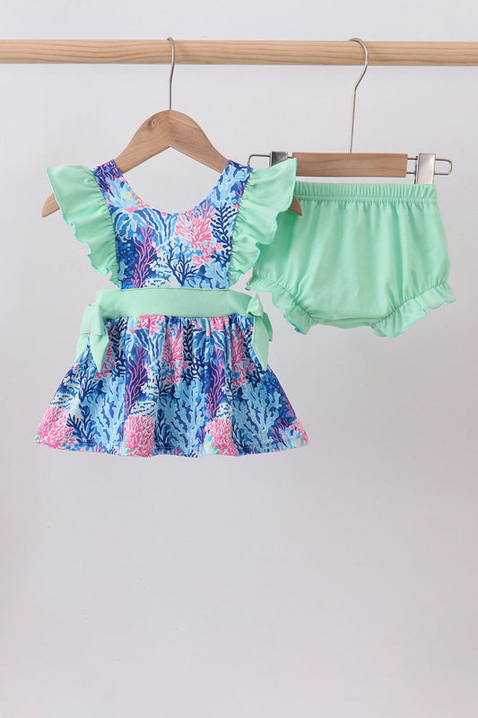 Blue marine creature print ruffle bloomer set