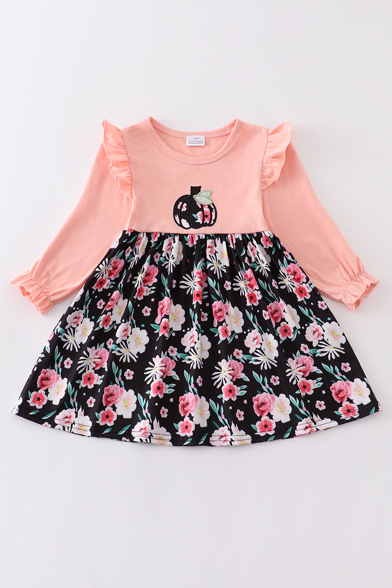 Floral print pumpkin applique dress