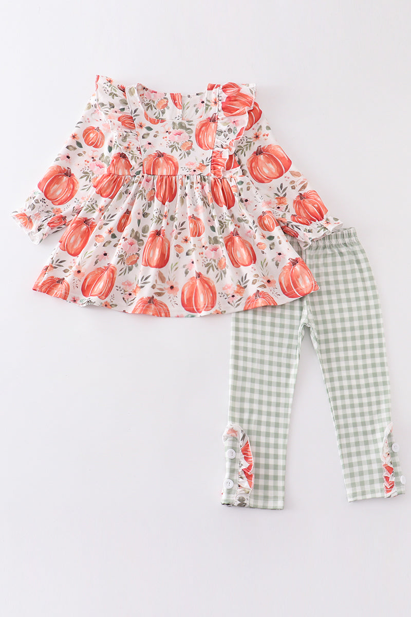 Pumpkin print ruffle girl set