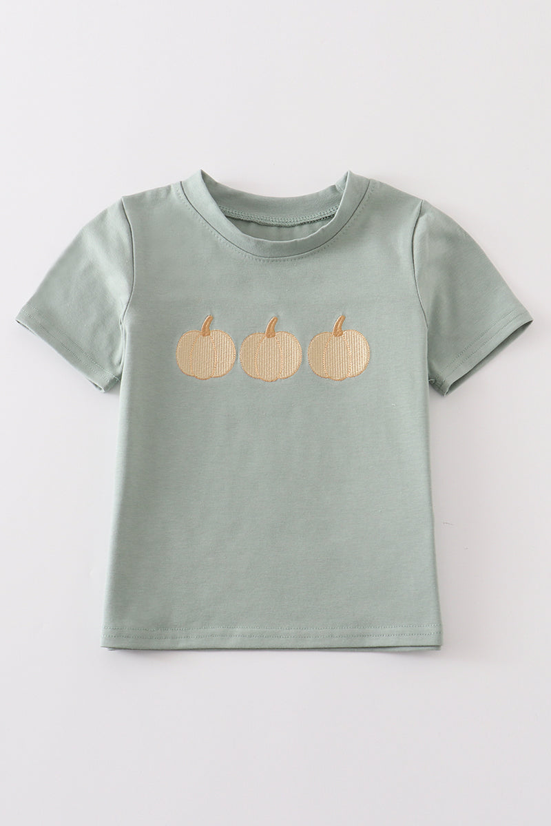 Green pumpkin embroidery boy top