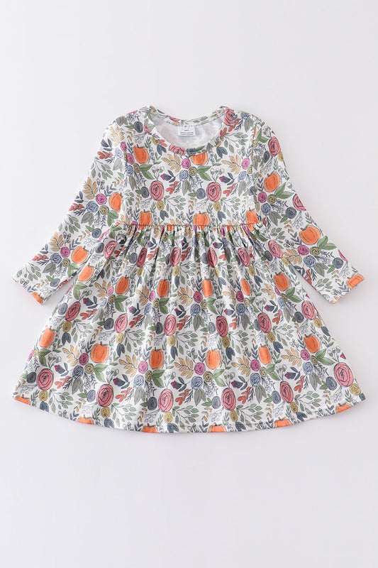 Pumpkin floral print girl dress