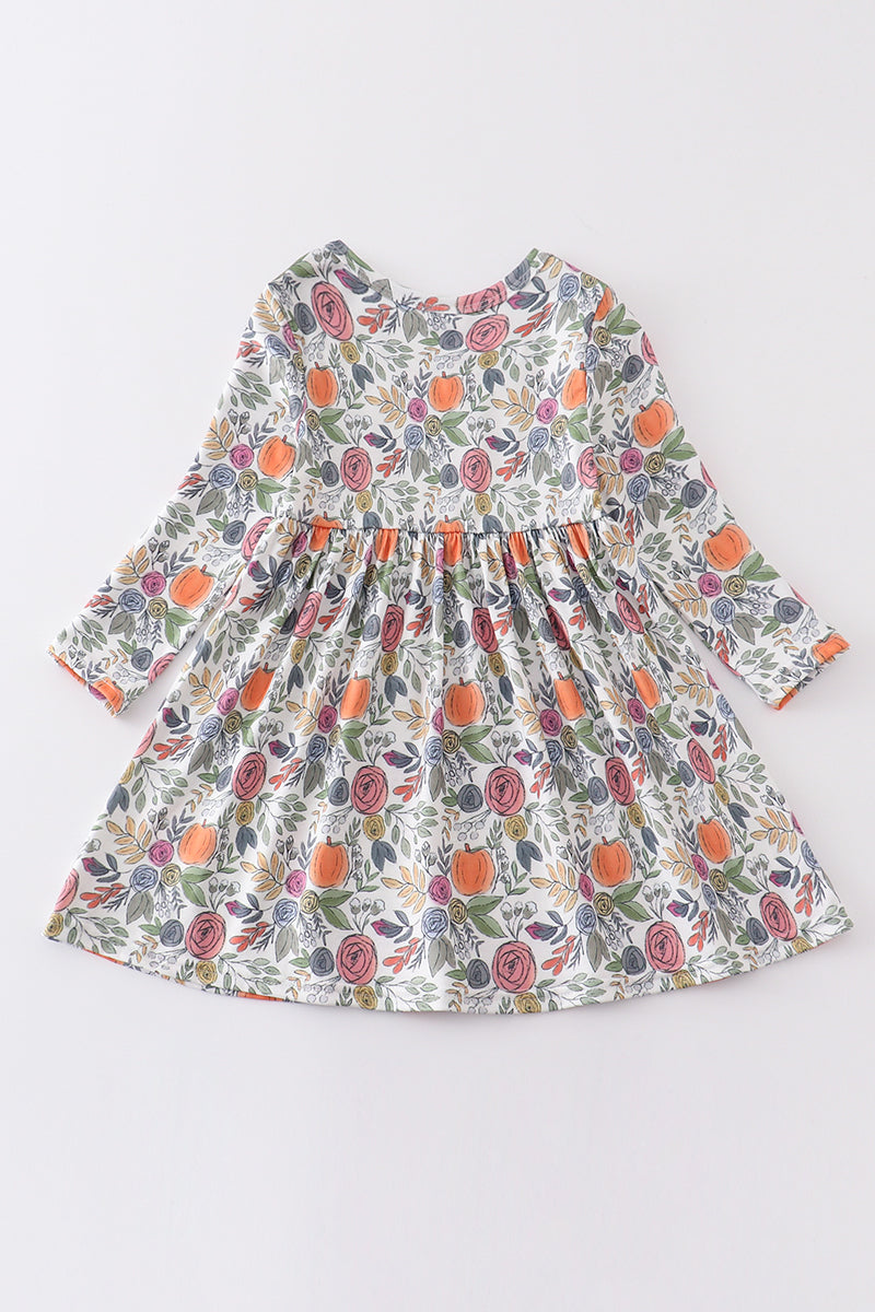 Pumpkin floral print girl dress