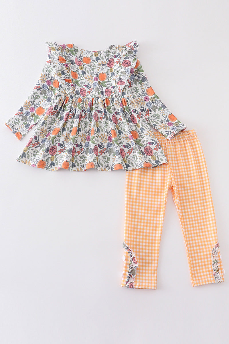 Pumpkin floral print ruffle girl set