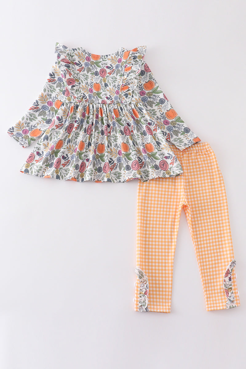 Pumpkin floral print ruffle girl set