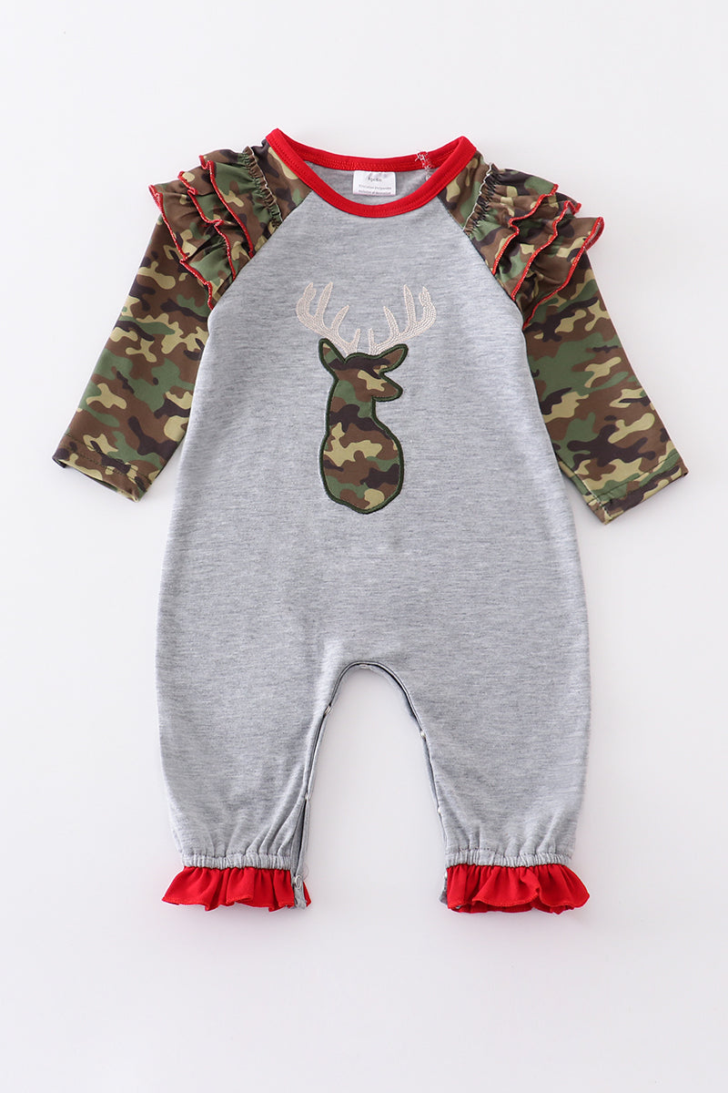 Camouflage print deer applique girl romper