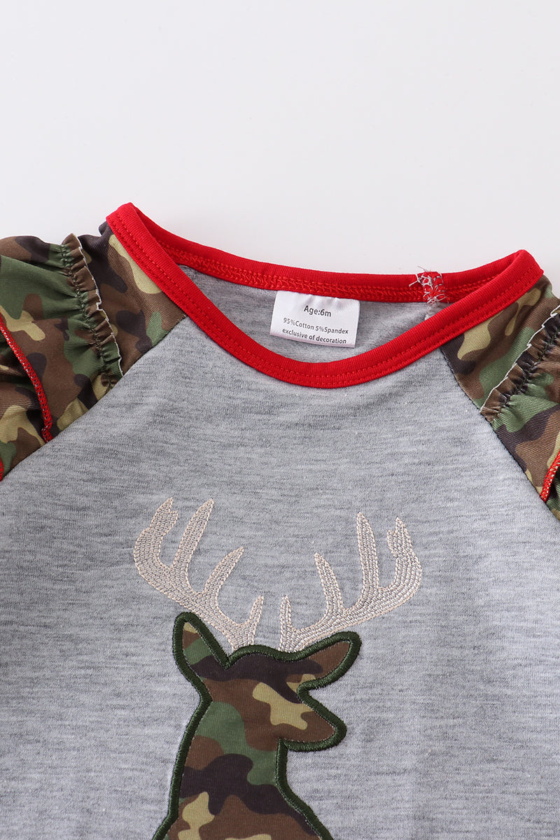 Camouflage print deer applique girl romper