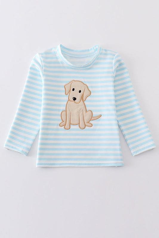 Blue stripe dog applique boy top