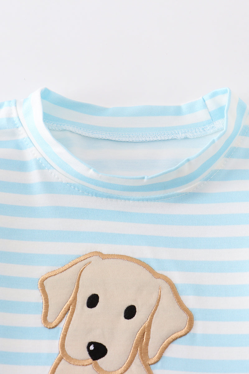 Blue stripe dog applique boy top