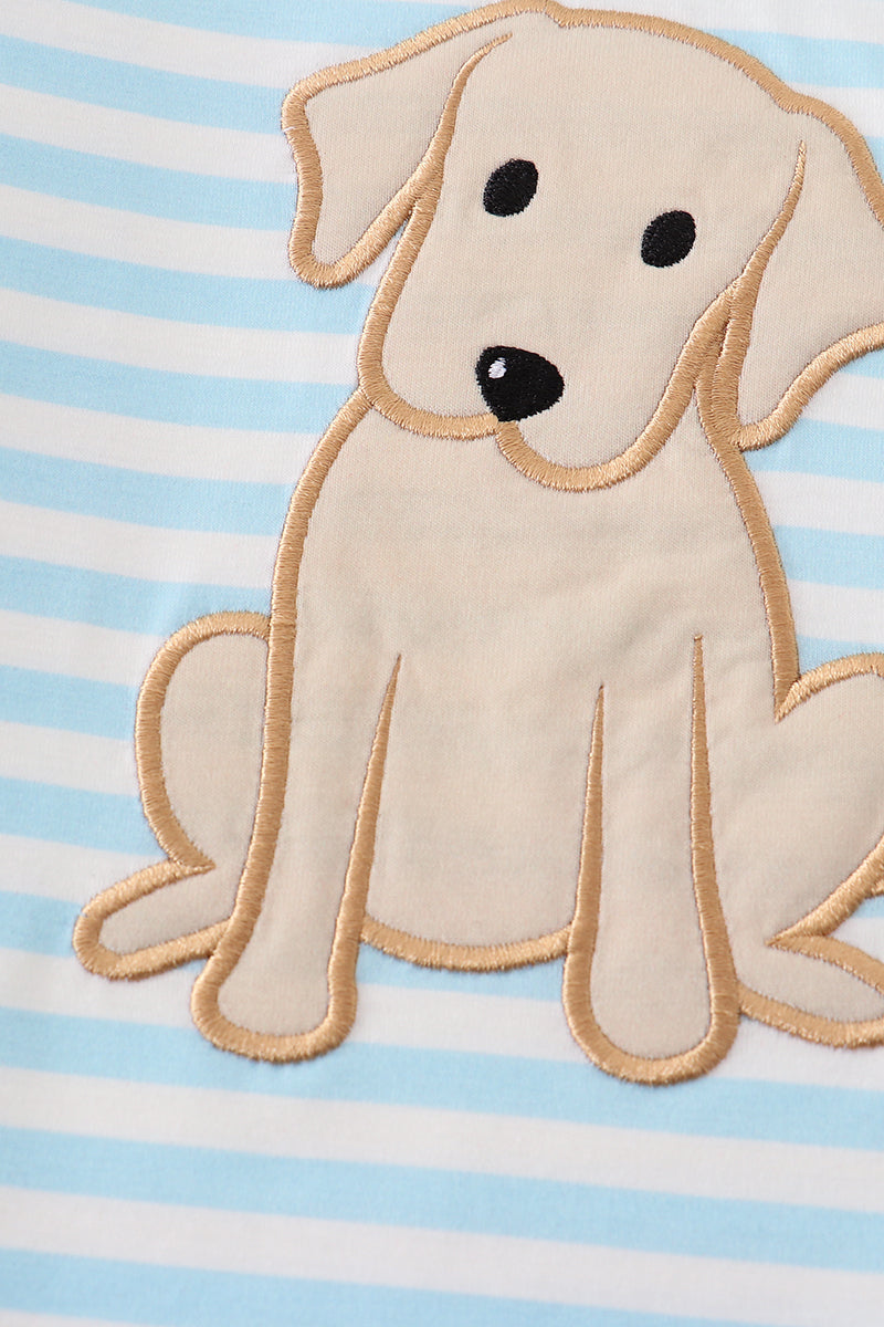 Blue stripe dog applique boy top