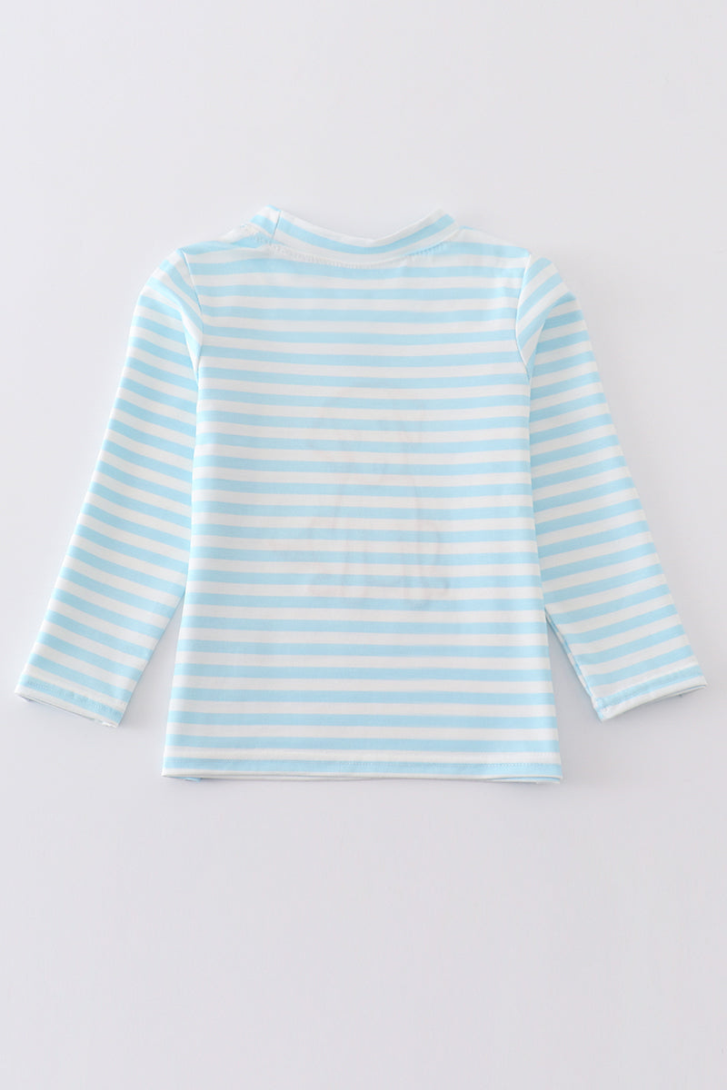 Blue stripe dog applique boy top