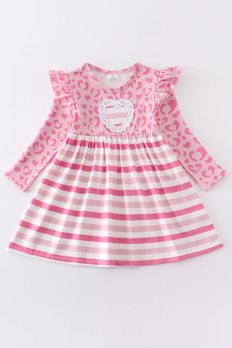 Pink valentine's day stripe heart applique dress