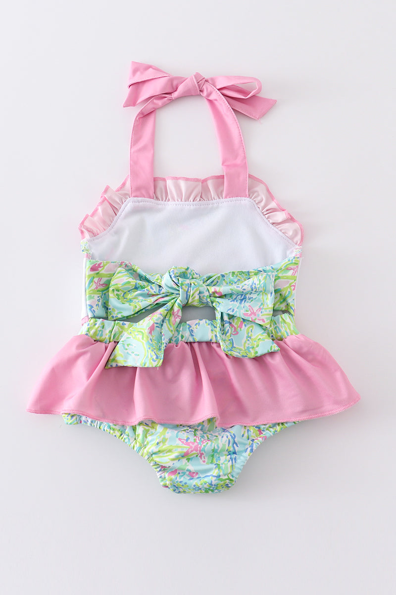 Lily print turtle embroidery girl 1pcs swimwear