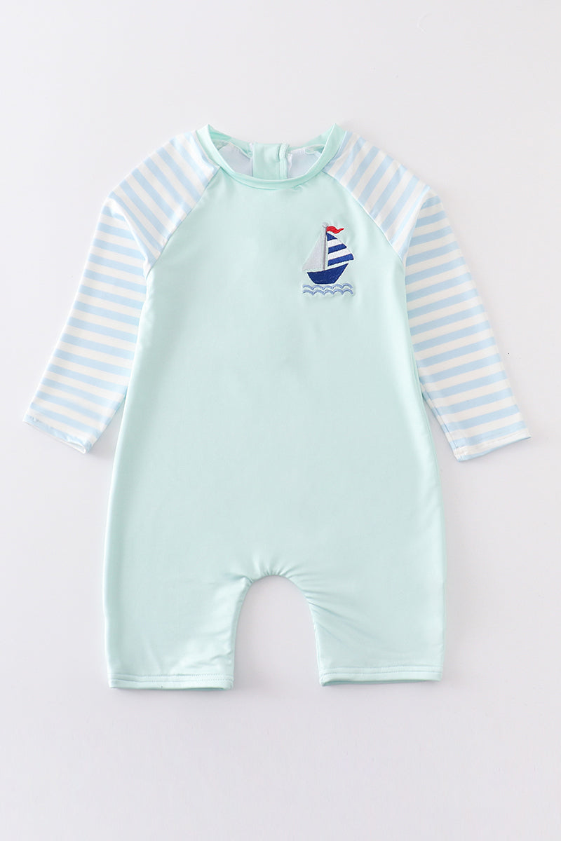 Mint sailboat embroidery boy one-piece rashguard swimsuit