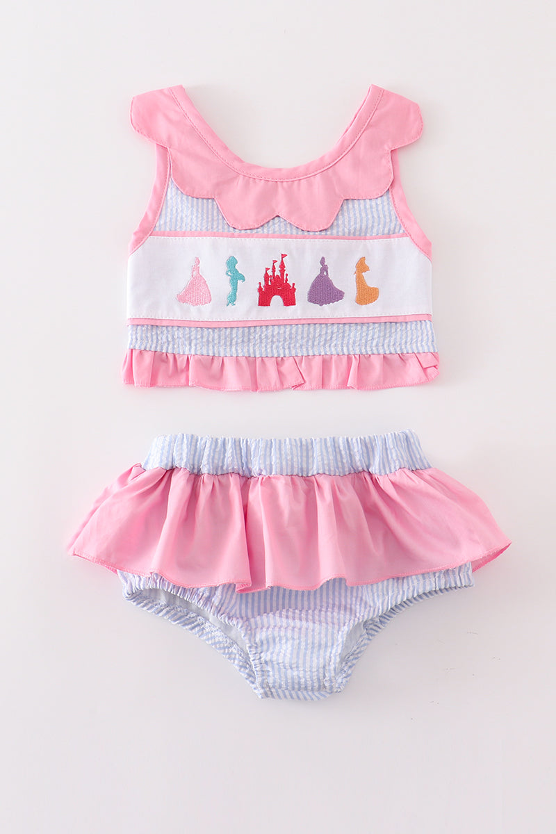 Seersucker castle embroidery 2pc girl swimsuit