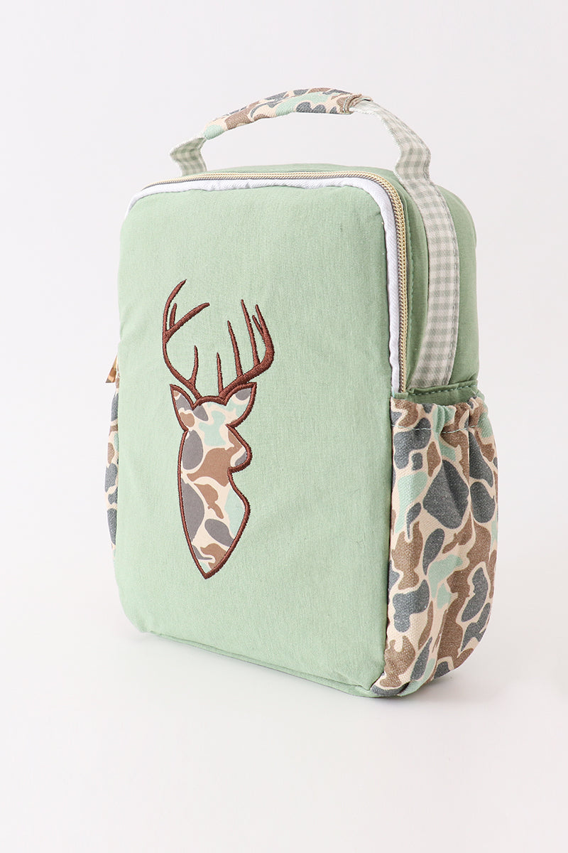 Green camouflage reindeer applique lunch bag