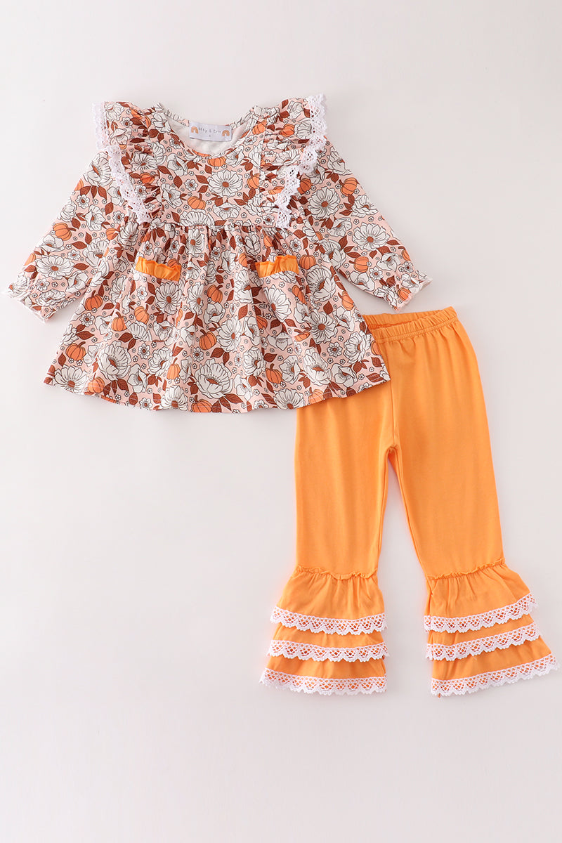 Pumpkin floral print lace ruffle set