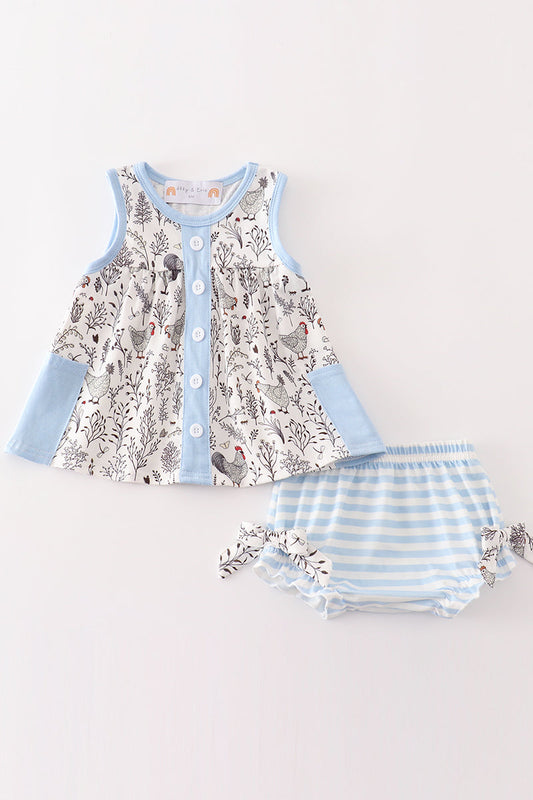 Blue stripe chicken print baby set