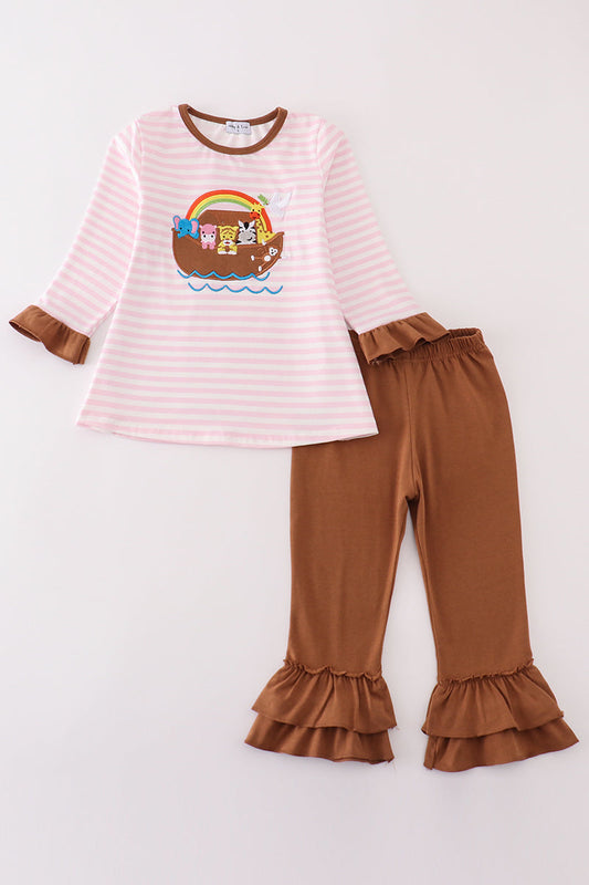 Pink stripe noah's ark animal applique girl set