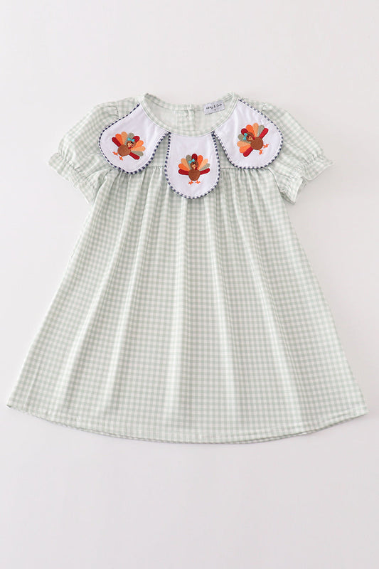 Sage turkey embroidery gingham dress