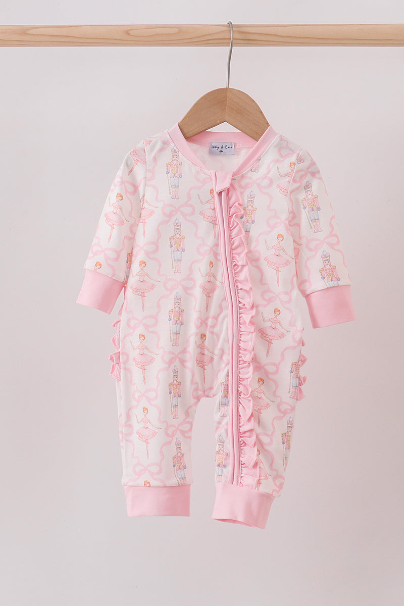 Pink nutcracker print ruffle romper