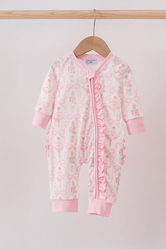 Pink nutcracker print ruffle romper