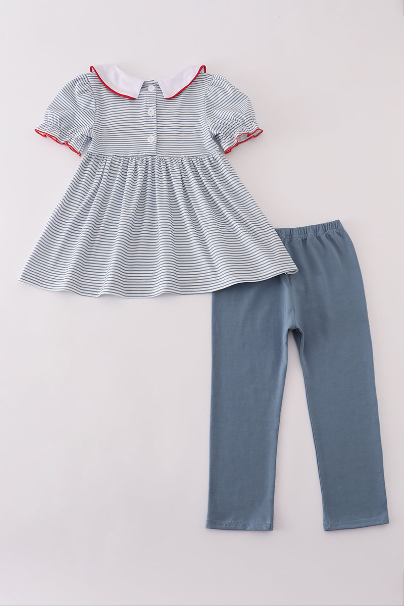 Blue princess embroidery stripe pants set