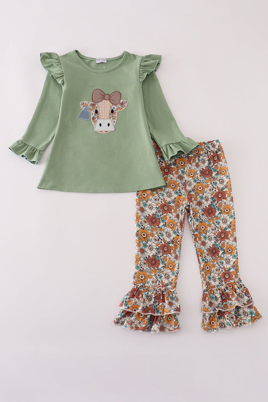 Green cow applique floral print ruffle pants set