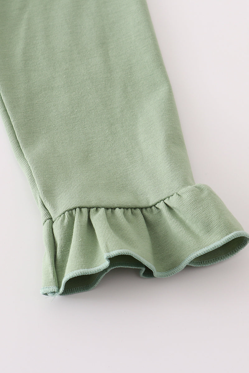 Green cow applique floral print ruffle pants set