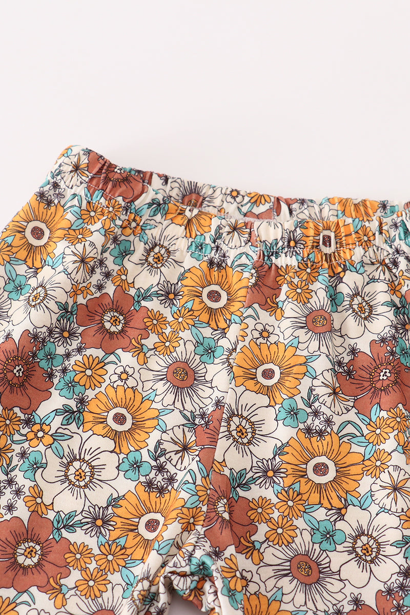 Green cow applique floral print ruffle pants set