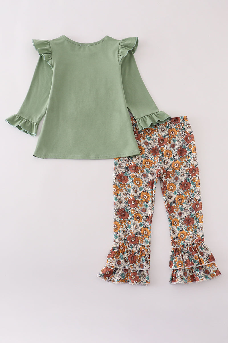 Green cow applique floral print ruffle pants set