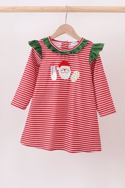 Red stripe santa milk biscuit french knot ruffle dress