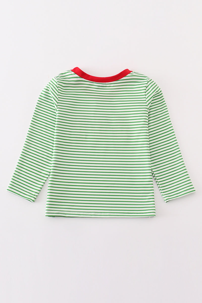 Green stripe christmas gingerbread embroidery boy top