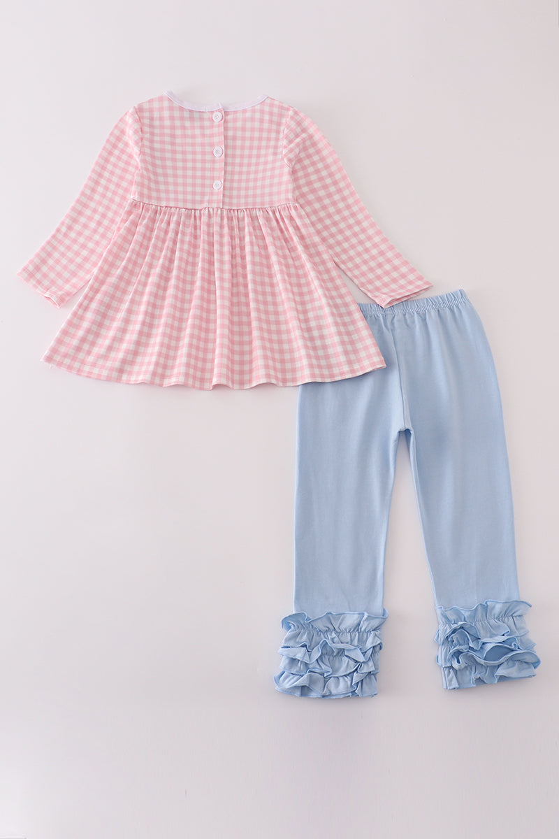 Pink princess castle embroidery gingham ruffle pants set