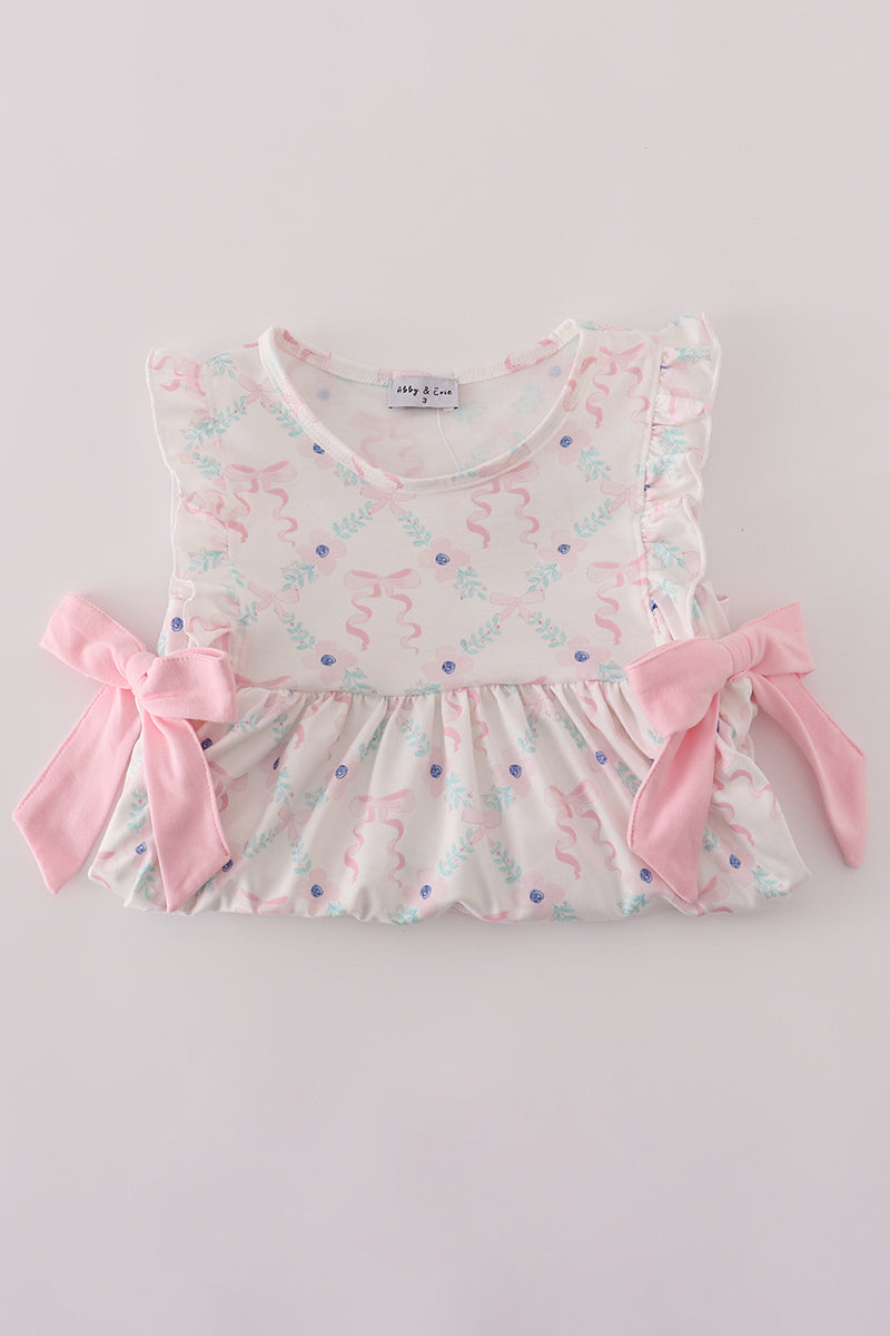 Pink floral bow print ruffle pants set