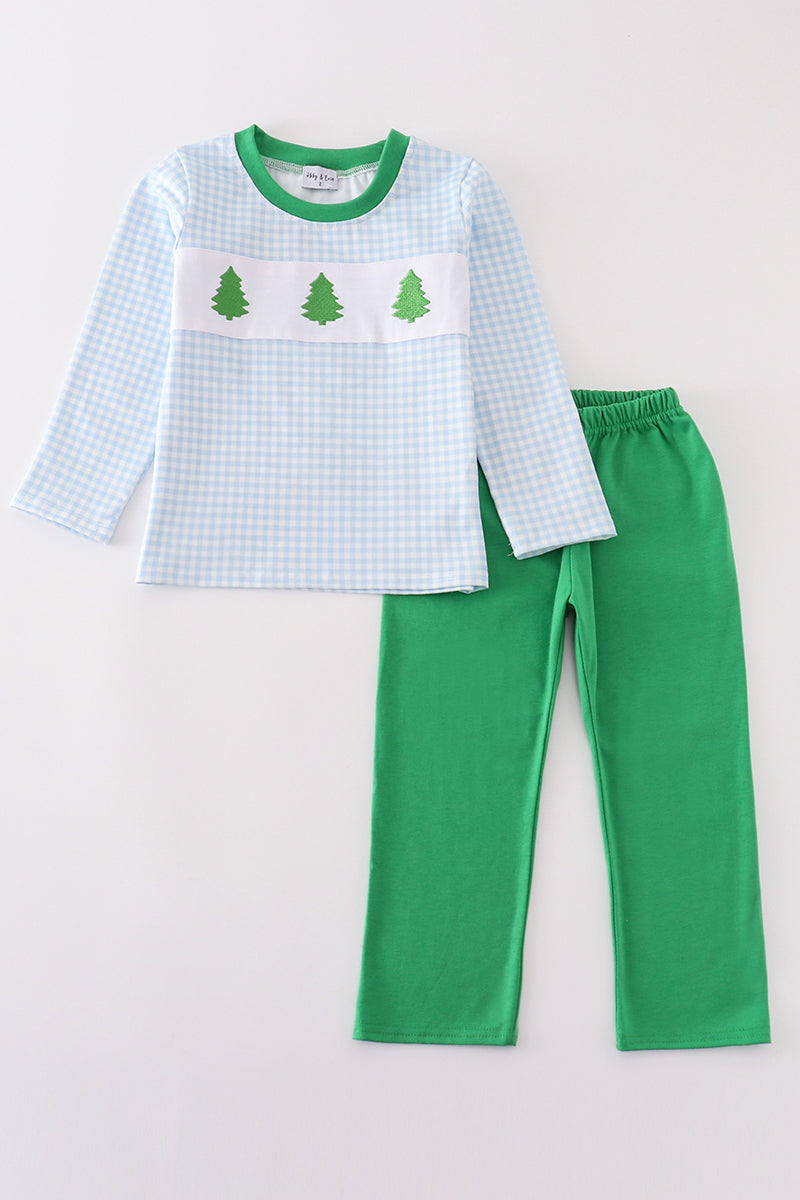 Green christmas tree applique boy pants set