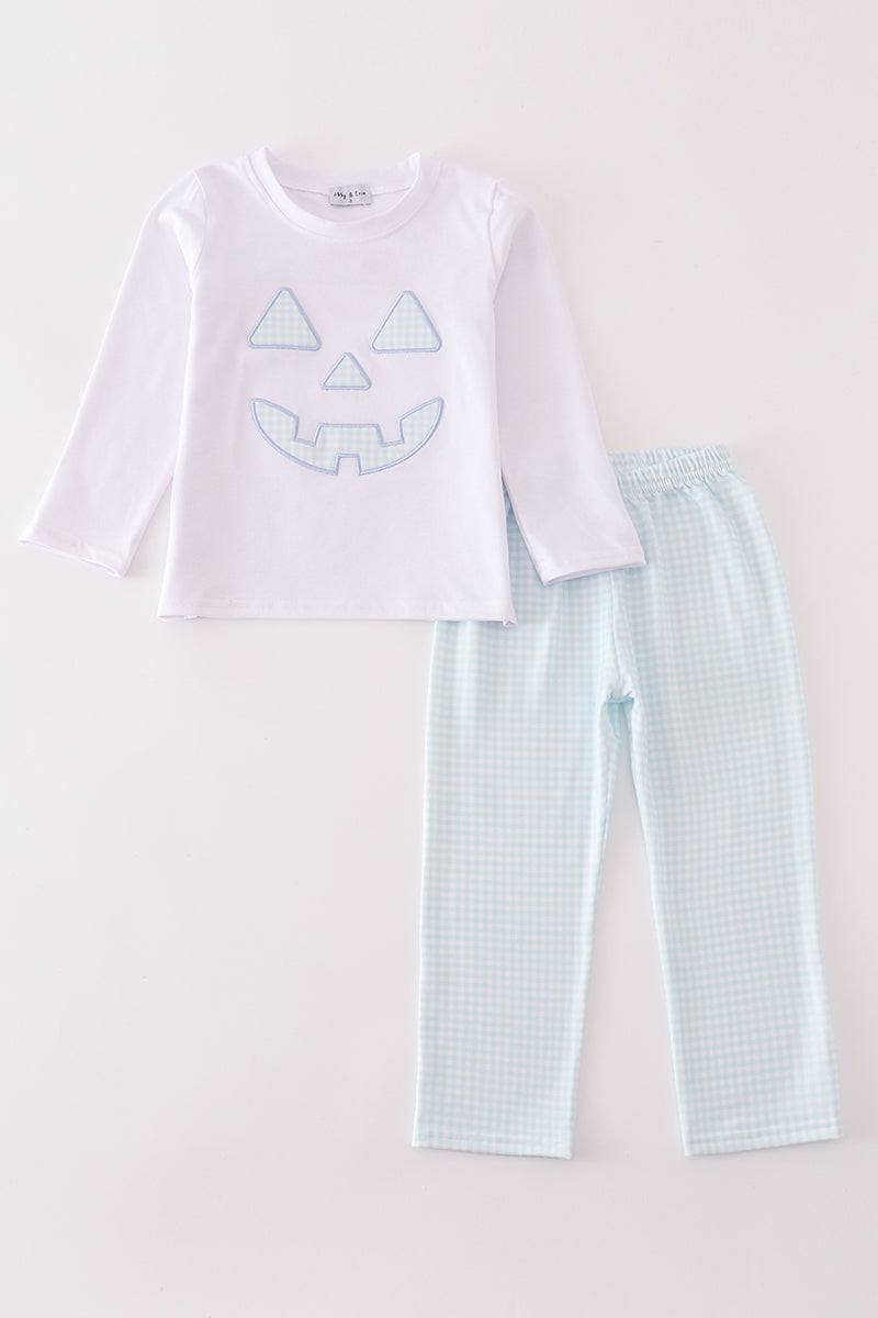 Blue checkered halloween applique boy set