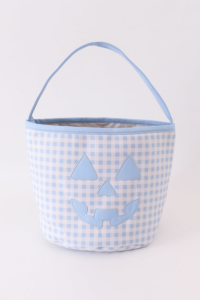 Blue halloween applique checkered candy bucket