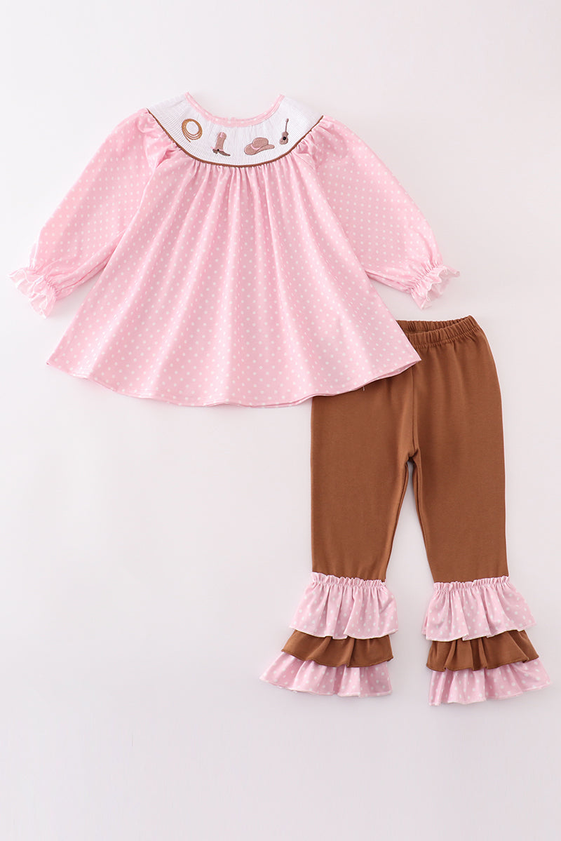 Pink dot smocked western embroidery girl set