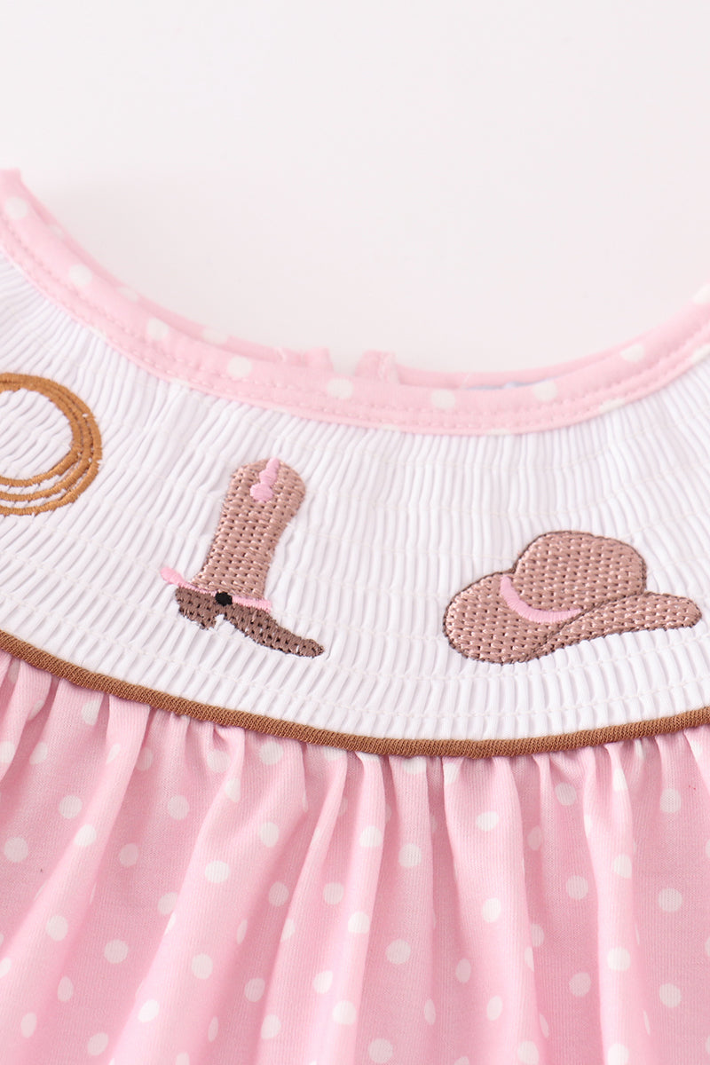 Pink dot smocked western embroidery girl set