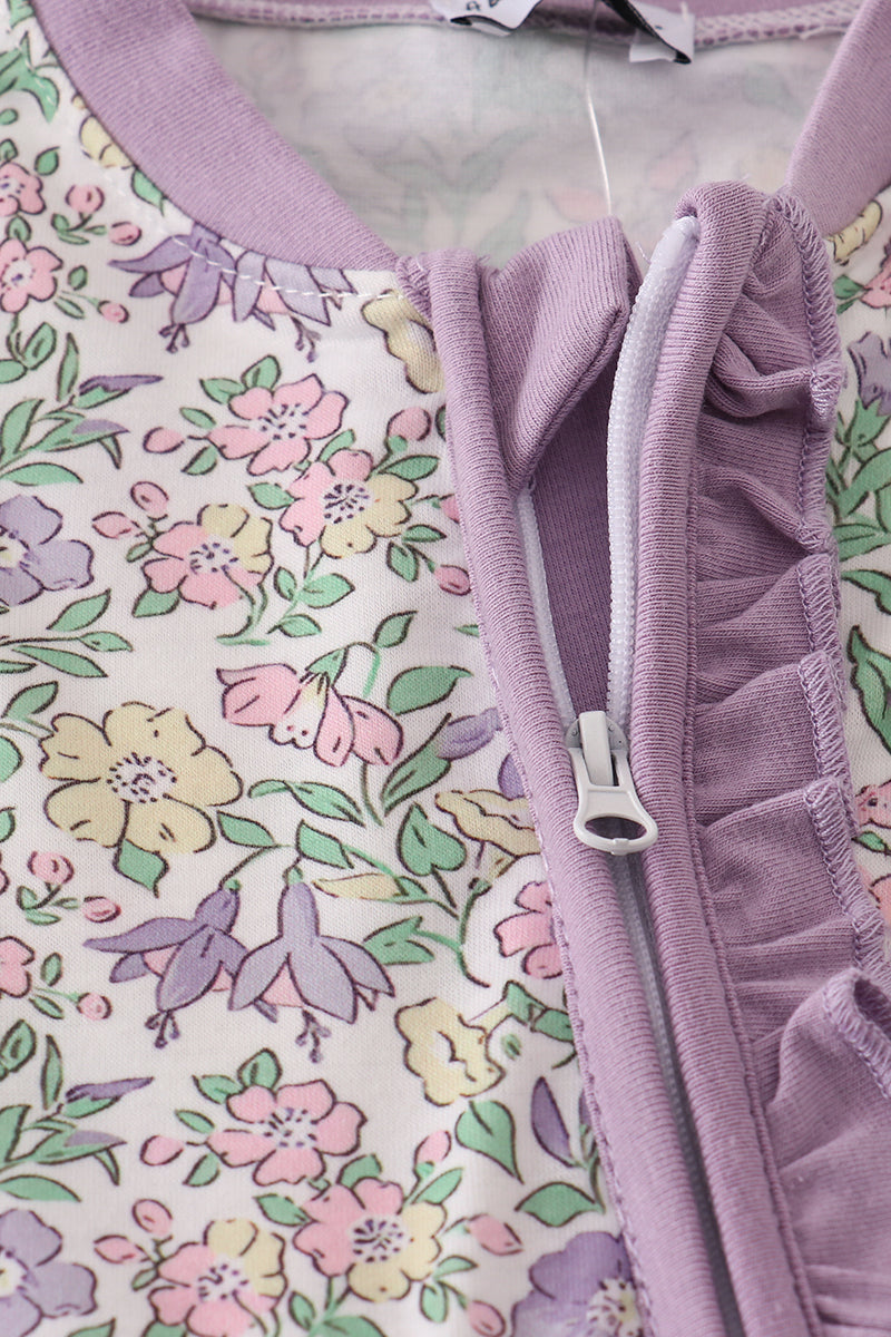 Purple floral print ruffle romper