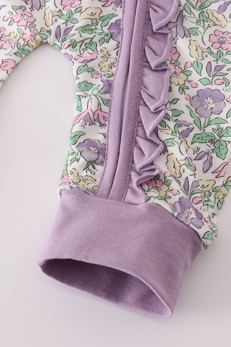 Purple floral print ruffle romper