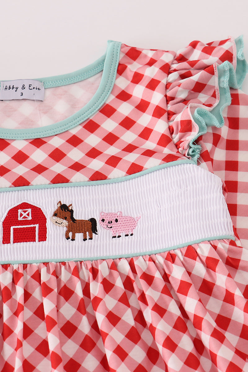 Red farm smocked ruffle pants set