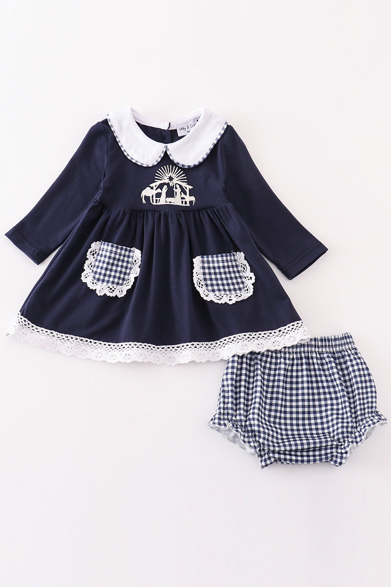 Navy nativity embroidery gingham girl bloomers set