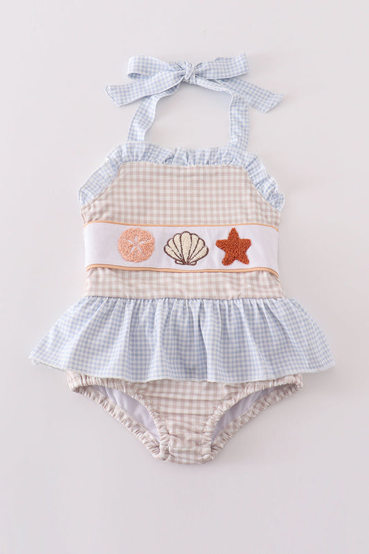 Khaki shells starfish french knot girl swimsuit