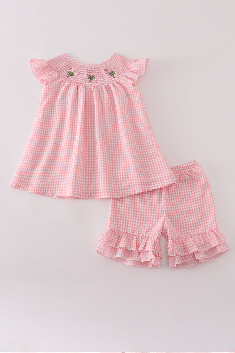 Pink floral smocked shorts set