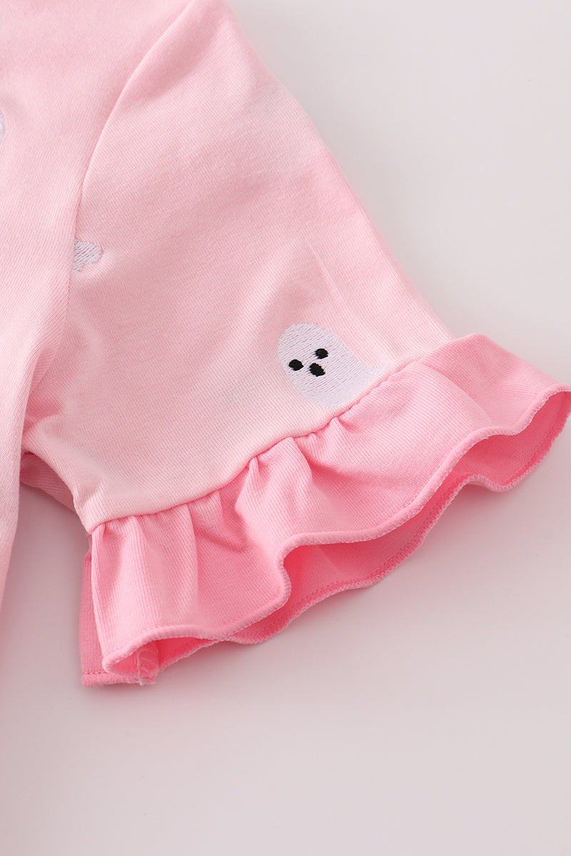 Pink ghost embroidery ruffle pajamas set